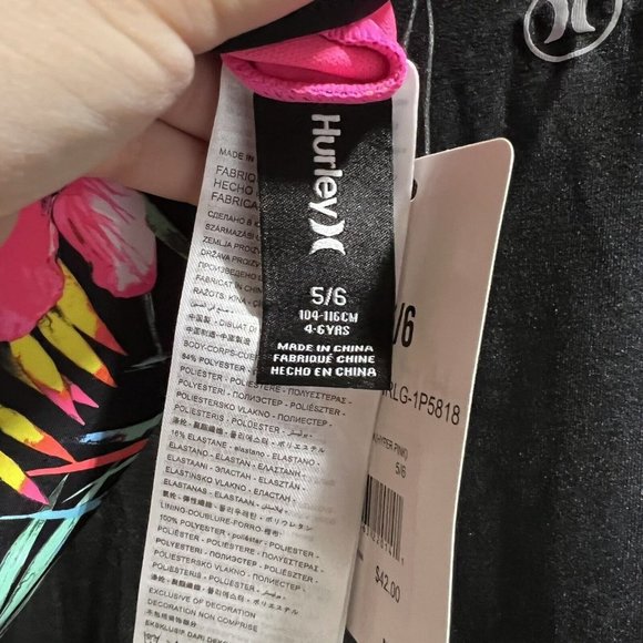 Hurley Little Girl's One-Piece Swimsuit in Tropical Black/Hyper Pink sz 5/6 NWT - Picture 8 of 9